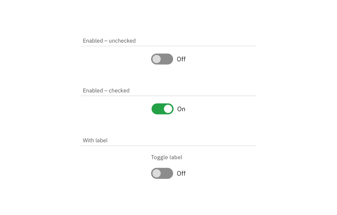 Inactive, inactive hover, and active states for a toggle